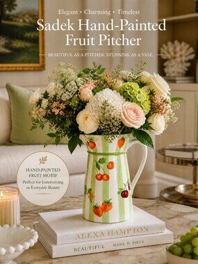 Sadek Large Hand-Painted Fruit Pitcher Strawberry Cherry Cottage Farmhouse NWOT
